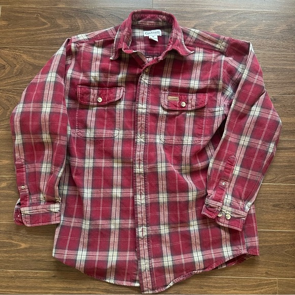 Carhartt Men's Burgundy Plaid Button Down Heavy Flannel Shirt - Picture 1 of 6